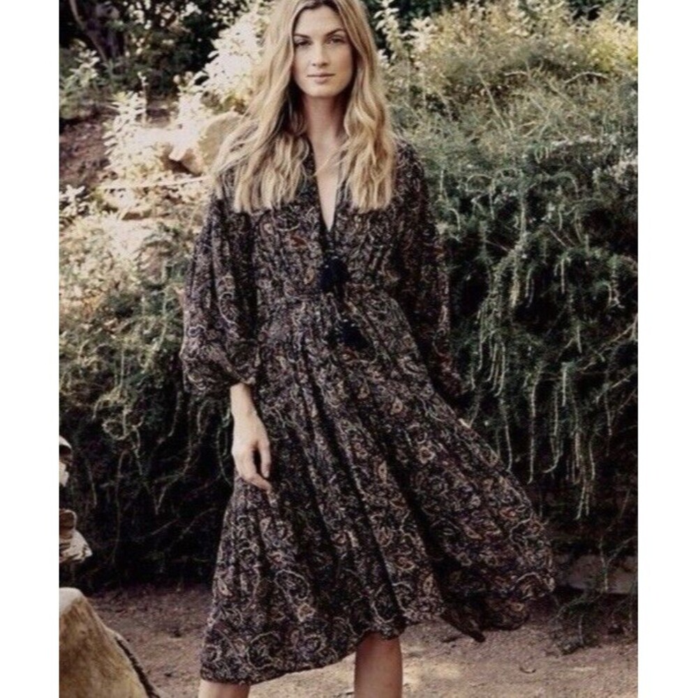 Doen Womens Honfleur Anita Paisley Printed Boho Cotton Midi Gown Dress S